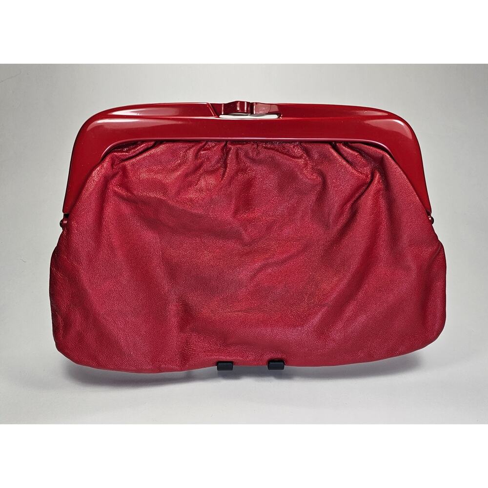 Vintage 60s 70s Red Genuine Leather Clutch Made In Italy Lucite Frame Pouch Bag